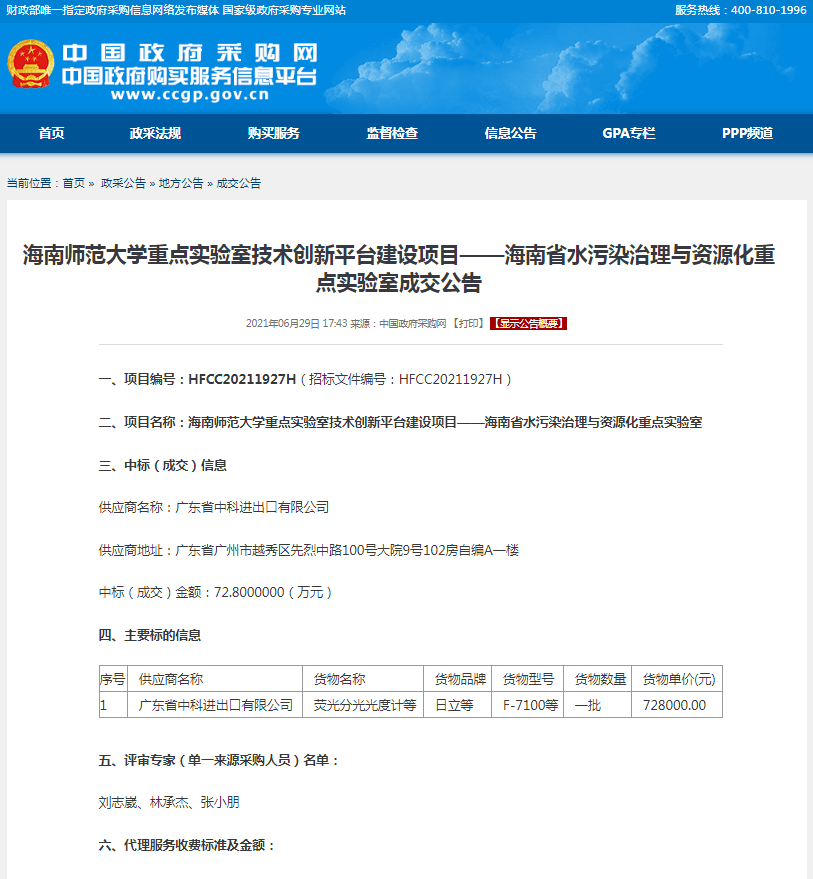 海南师范大学重点实验室技术创新平台建设项目——海南省水污染治理与资源化重点实验室